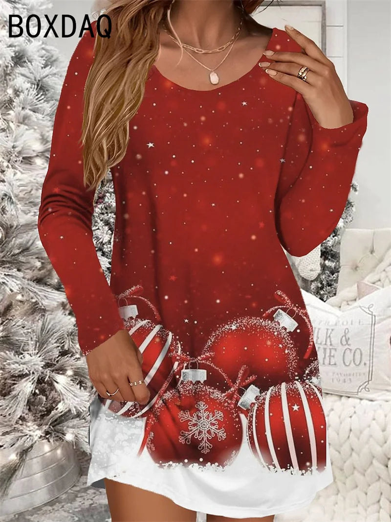 Abito natalizio rosso da donna Casual Natale Pupazzo di neve Fiocco di neve Stampa Mini abito Manica lunga O-Collo Abito da donna autunnale