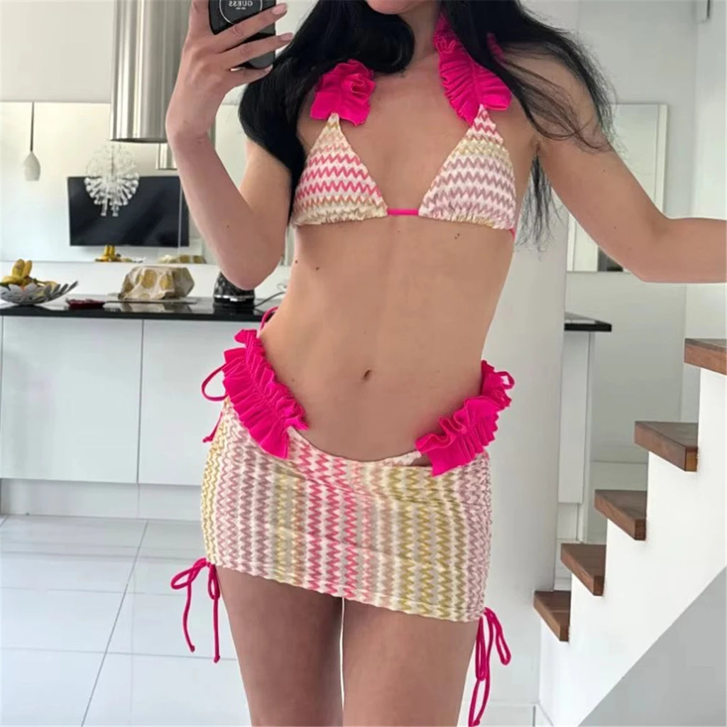 Con gonna Waved Ruffled Bikini con volant costume da bagno femminile costumi da bagno donna tre pezzi Bikini set bagnante costume da bagno Swim V5235