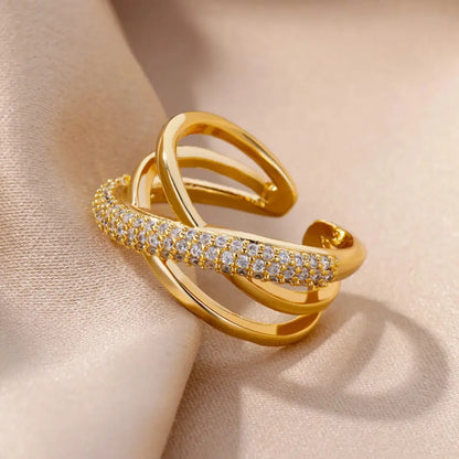 Anelli a forma doppia incrociata con zirconi per donna Anello croce in acciaio inossidabile placcato oro Anelli per coppie di nozze di lusso Gioielli estetici