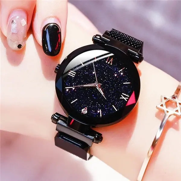Orologi da donna con cielo stellato alla moda, fibbia magnetica, cintura in rete, orologio al quarzo con diamanti, orologio da donna