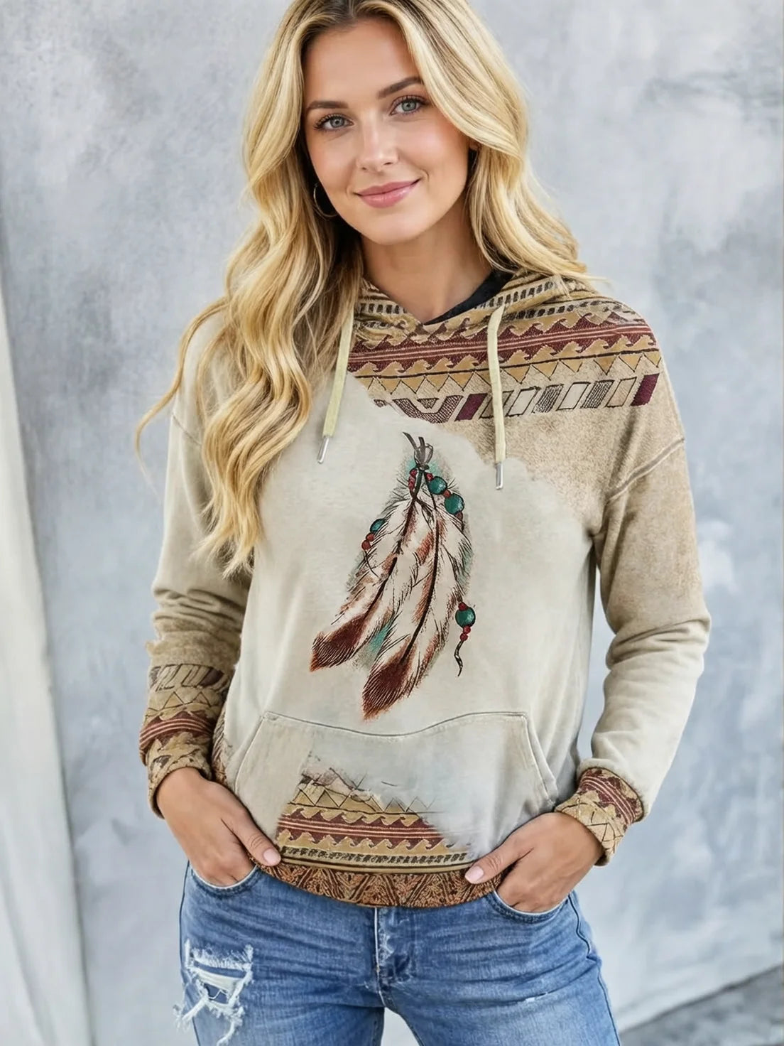 Felpa pullover girocollo moda casual da donna Felpa con cappuccio stampata retrò stile etnico occidentale