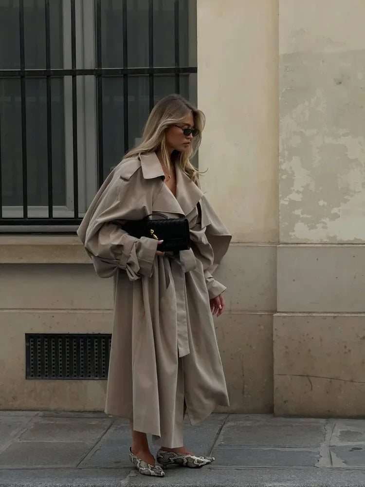 Trench lungo con lacci solido Moda donna Manica intera Risvolto monopetto Capispalla allentato Lady Autunno Cappotto Highstreet quotidiano