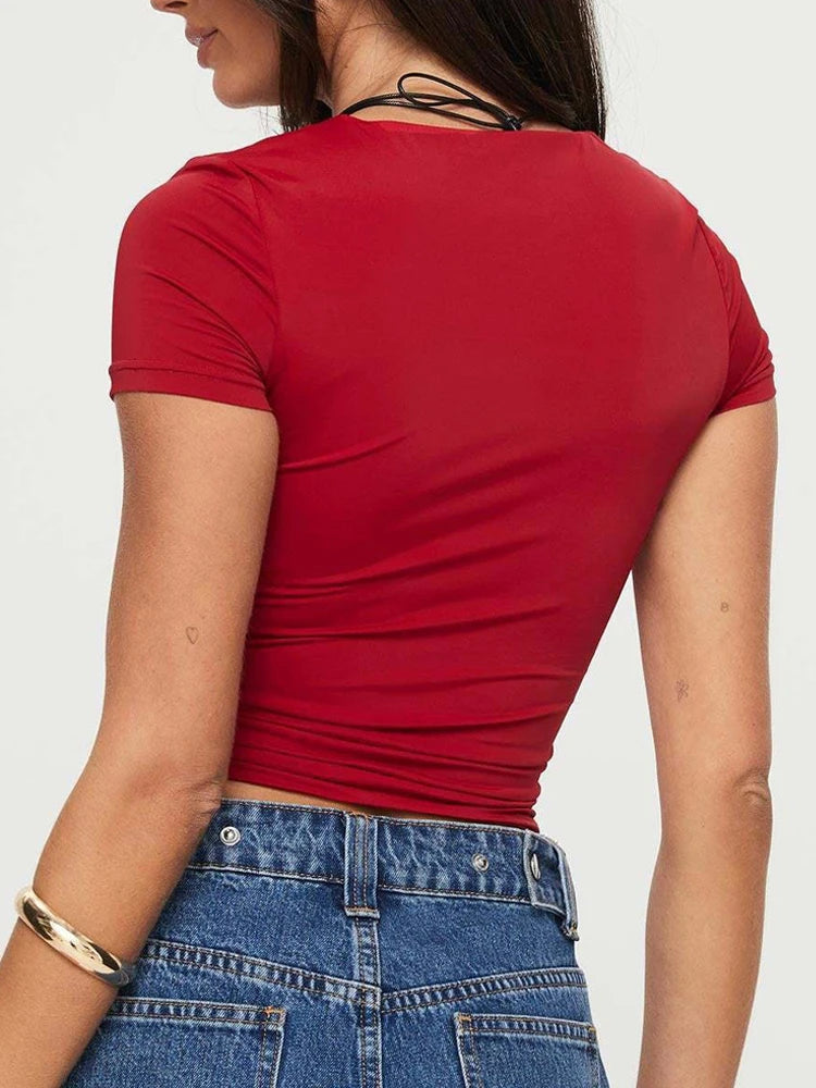 T-shirts Femme Courtes Manches Courtes Col U Été Sexy Décontracté Femme Pulls Basiques Moulants Élastiques Y2k
