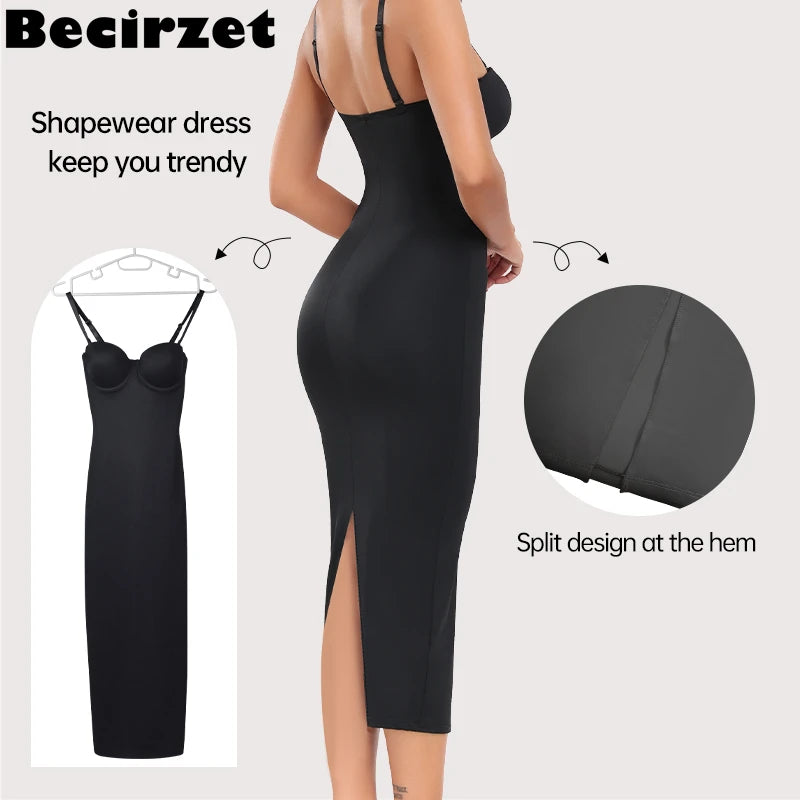 Becirzet Abiti da donna Sexy Girl Push Up Dimagrante Modellamento del corpo Controllo della vita Abito lungo da sera senza schienale con spacco all'americana nero