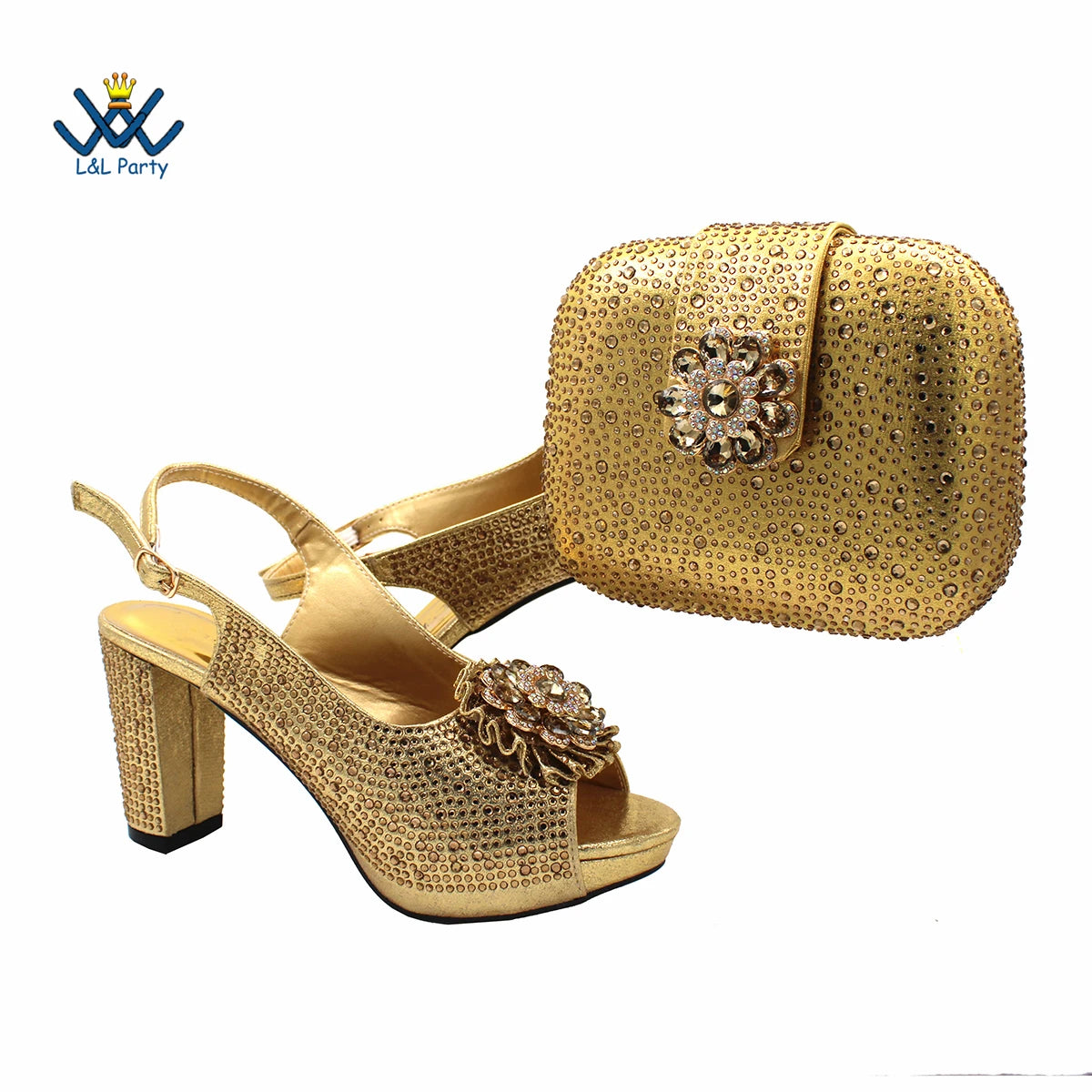 New Design Peep Toe African Spring Autumn Lady Shoes and Bag Set in Gold Color Women Sandal in Wedding