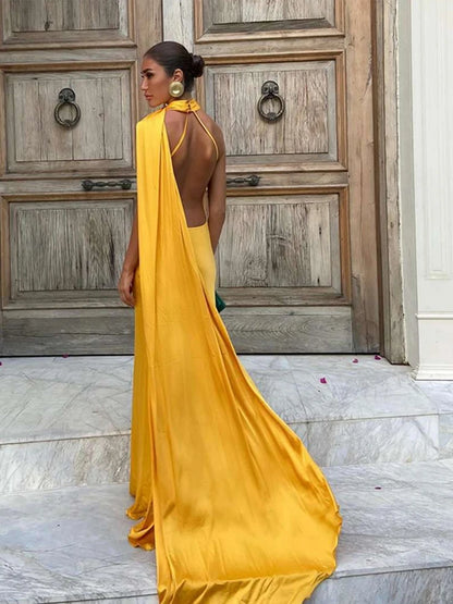 Sciarpa a nastro Halter Abito da donna Spalla inclinata Raso di seta Slim Fit Streamer Grandi abiti sexy senza schienale Abiti lunghi da donna Estate