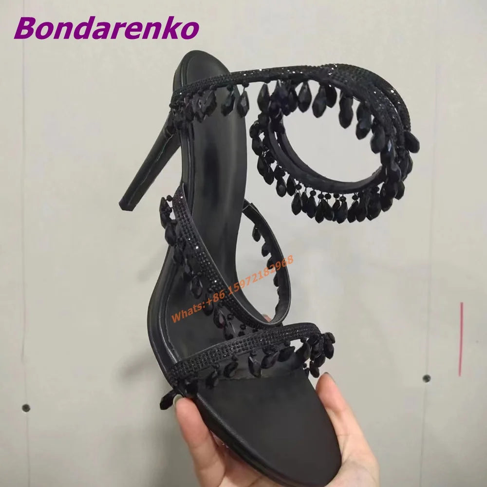 Newest Rhinestone Serpentine Sandals Women Shoes Open Toe Solid Hollow Stiletto Heel Sandal Slip On Summer Party Dress Sexy Shoe