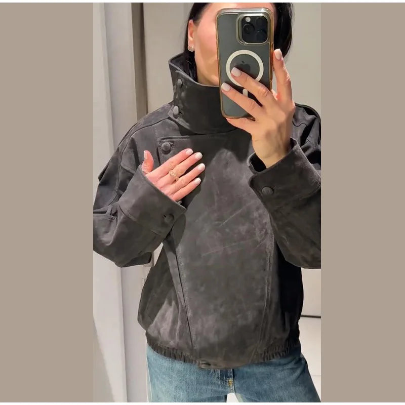 Giacca bomber da donna in camoscio grigio scuro, con colletto alla coreana, maniche lunghe, oversize, asimmetrica, stile street, giacche da donna autunno 2026