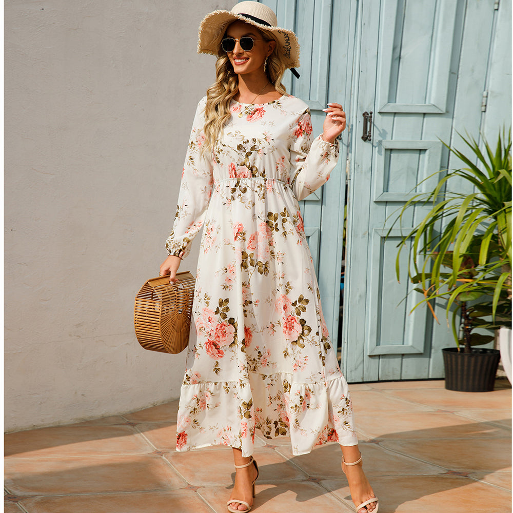 Maxi abiti da donna Sping autunno bohémien Casual manica intera vita alta spiaggia donna abiti in Chiffon abito lungo floreale vestido