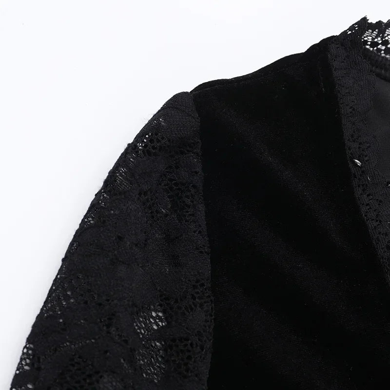 Y2K Goth floreale pizzo maglia manica svasata aderente abiti da festa sexy vintage elegante velluto nero con scollo a V abito lungo partywear