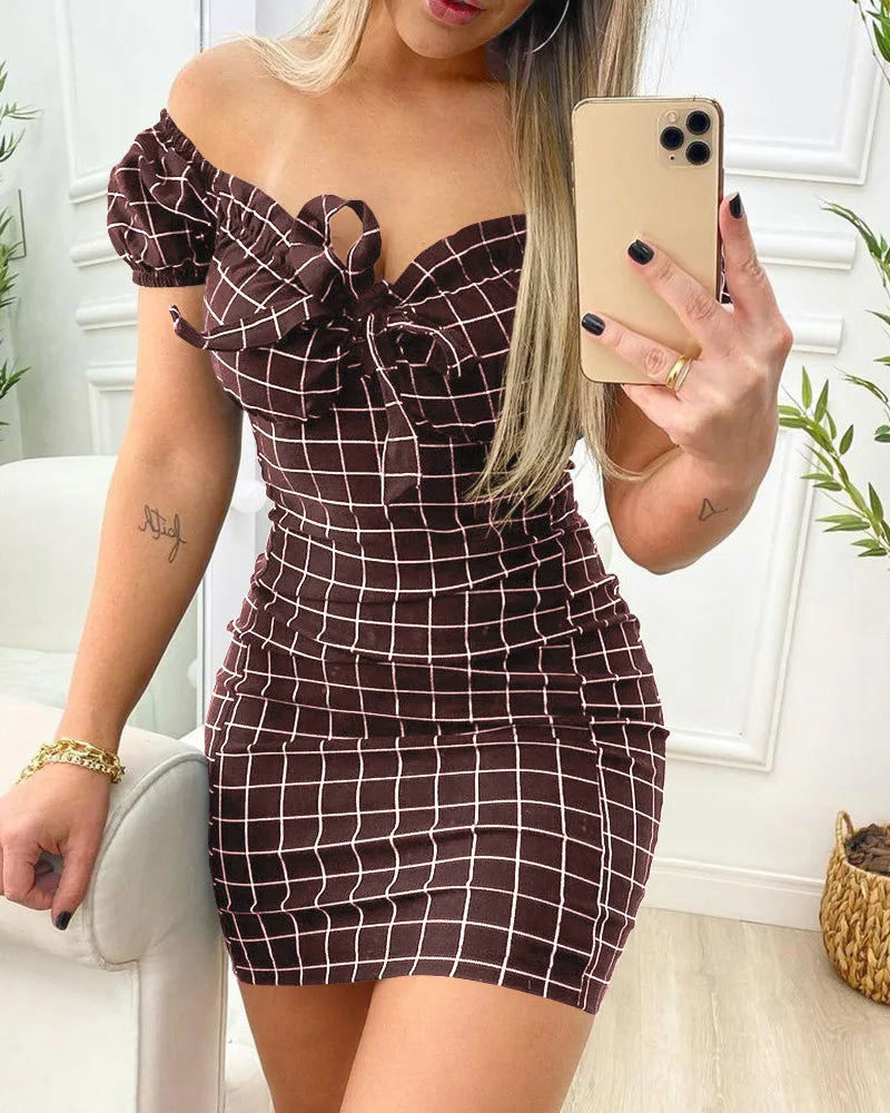 Sommerkleid sexy Verpackung Gesäß kurzer Rock aus Gitterdruckkleid für den grenzüberschreitenden Handel