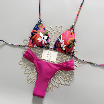 Spice Girl Style Printed Split Swimsuit Color Contrast Sexy Swimwear Holiday Women Bikini