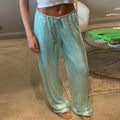Pantaloni da donna trasparenti con perline alla moda Pantaloni elastici in vita a gamba larga Party Club Pantaloni marroni 2025 Primavera Estate Lady Capispalla larghi