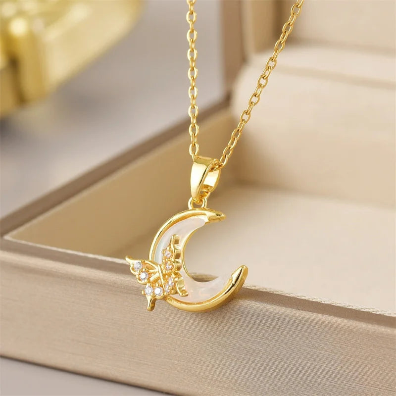 Squisito micro intarsiato zircone farfalla nappa collana per le donne gioielli girocollo in acciaio inossidabile luna farfalla fiore clavicola