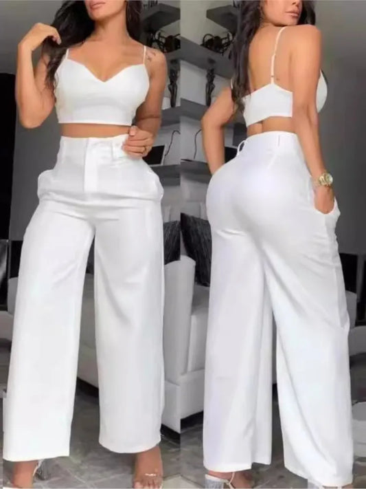 Ensemble deux pièces sexy d'été pour femme, col en V, top court froncé et pantalon large à lacets, élégant ensemble pour femme en vacances
