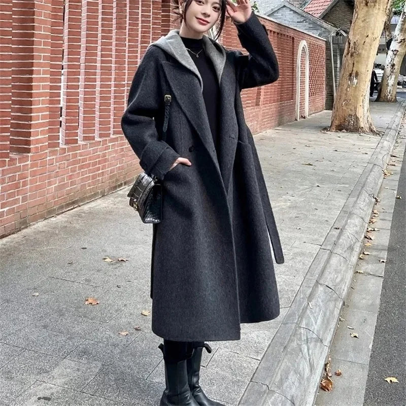 Giacca Invernale da Donna a Maniche Lunghe in Lana, Cappotto Casual di Alta Qualità per l'Autunno, Moda Coreana Femminile, Cappotto in Lana con Cappuccio e Vestibilità Comoda