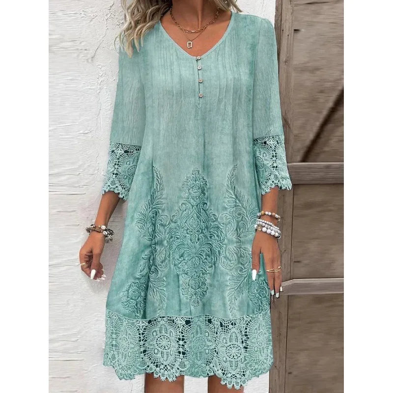 Abiti estivi di moda 2024 Estate Nuovo modello 3D Splicing in pizzo Scavato Abito longuette Casual Abiti a maniche corte Lady Vestido