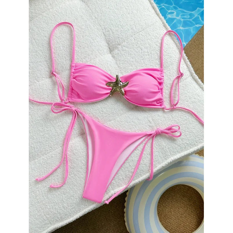 Costume da bagno bikini sexy a tinta unita, due pezzi, ad asciugatura rapida, senza schienale, in tessuto di nylon ad alta elasticità per nuoto e attività acquatiche.