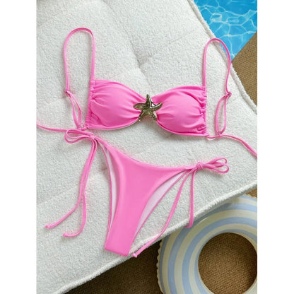 Costume da bagno bikini sexy a tinta unita, due pezzi, ad asciugatura rapida, senza schienale, in tessuto di nylon ad alta elasticità per nuoto e attività acquatiche.
