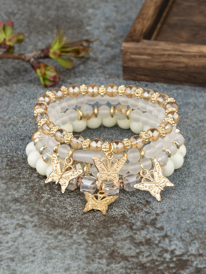 Set di braccialetti con perline a farfalla alla moda da 4 pezzi per le donne, perline acriliche rosa, braccialetto a catena elastica, regalo di gioielli per feste bohémien femminili