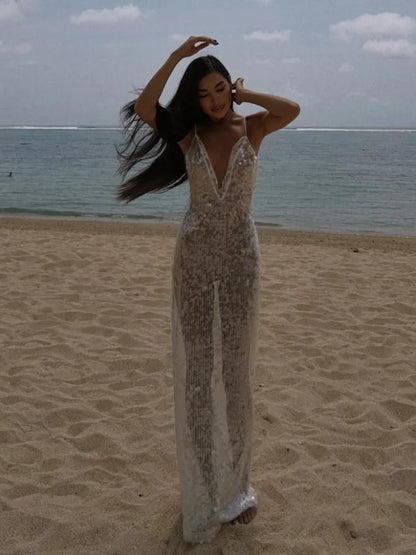 Abito trasparente con cinturino per spaghetti con paillettes Abito da donna sexy con scollo a V in pizzo profondo aderente Abiti da festa da spiaggia 2025 Abito da vacanza elegante e chic