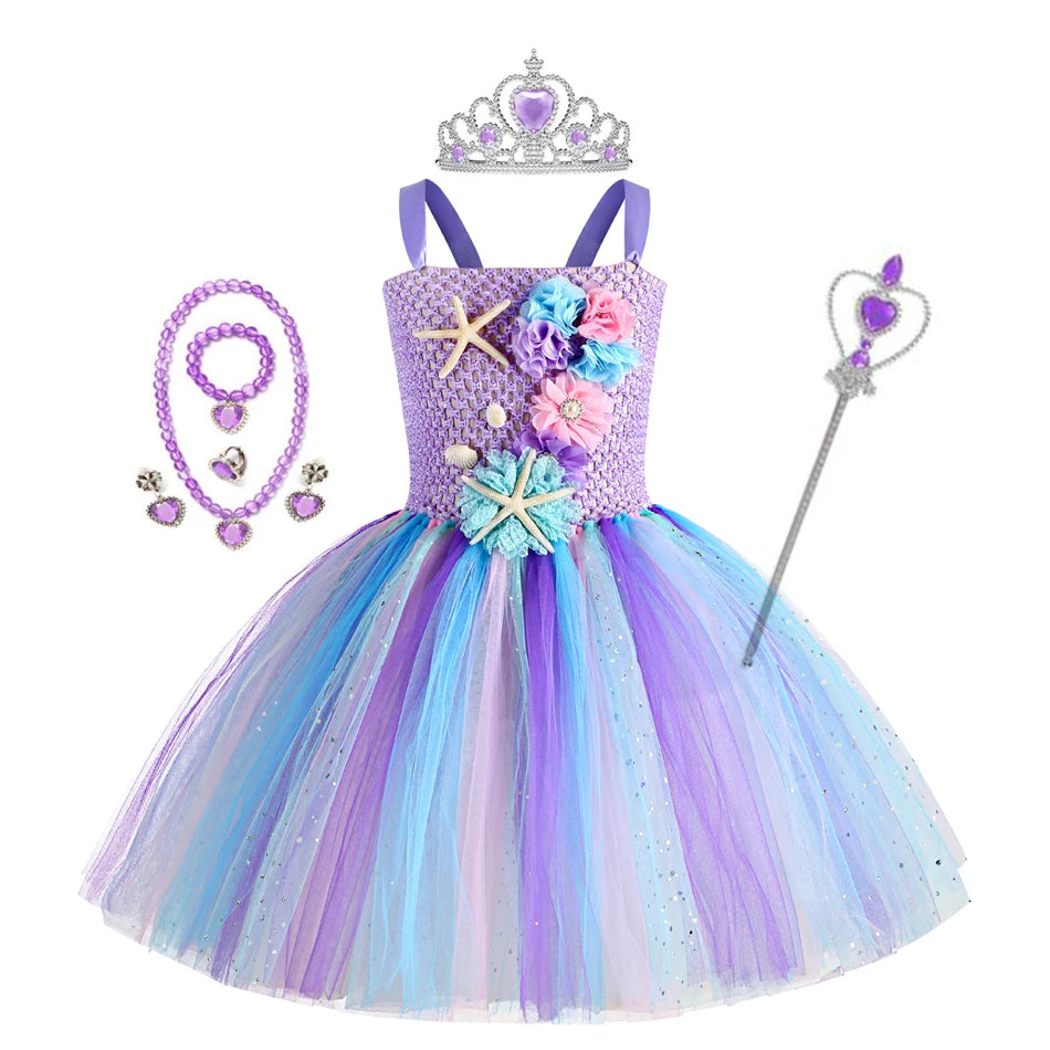 Abito tutù a sirena per ragazze sotto il mare Costumi di carnevale per feste di compleanno a tema con fascia per fiori Abiti per Halloween oceano 1-12 anni