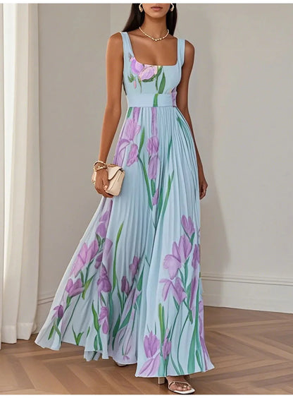 Abito lungo sexy con stampa floreale Donna Estate 2025 Abiti maxi con cinturino senza maniche alla moda eleganti