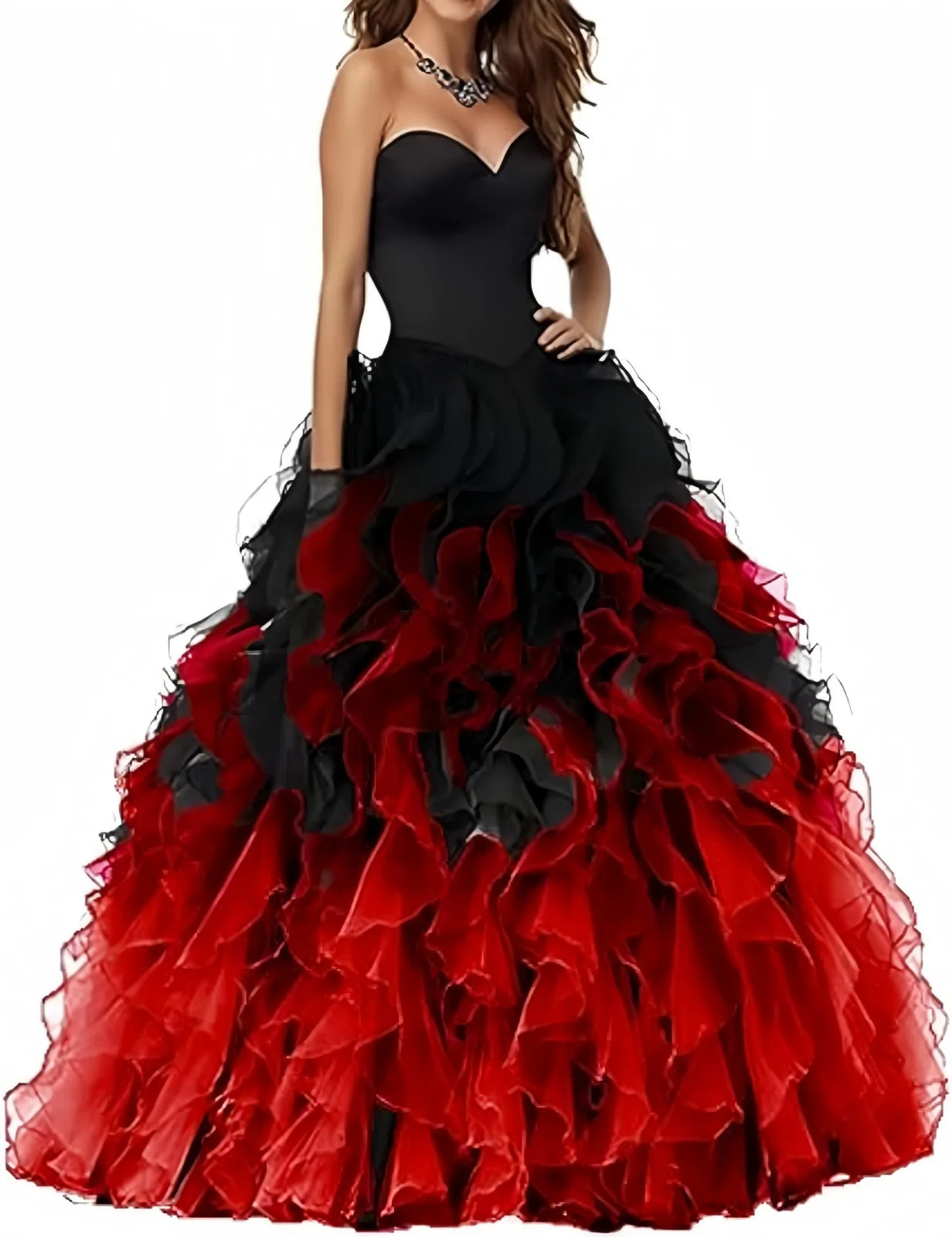 Abito Quinceanera in organza senza spalline con volant Abiti da ballo Abito da ballo lungo gonfio con scollo a cuore Ombre Abito da cocktail da sposa