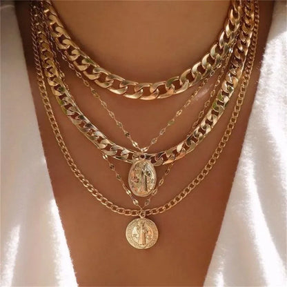 Collana con ciondolo moneta con ritratto di testa a catena spessa con piatto in oro punk vintage per gioielli hip-hop geometrici multilivello di moda da donna