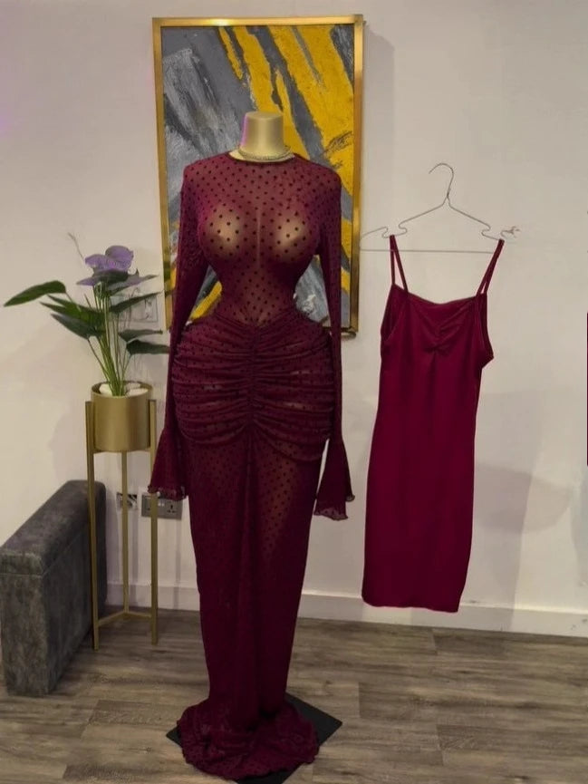CM.YAYA 2025 Autunno Donna Manica lunga Maglia impilata Vedi anche con fodera Aderente Abito lungo da sera Compleanno Abiti da festa sexy