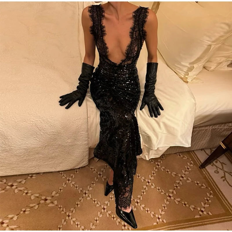 Sexy profondo scollo a V patchwork di pizzo con paillettes abito lungo da donna sottile senza maniche backless hip pacchetto abiti 2026 primavera abito da festa della signora