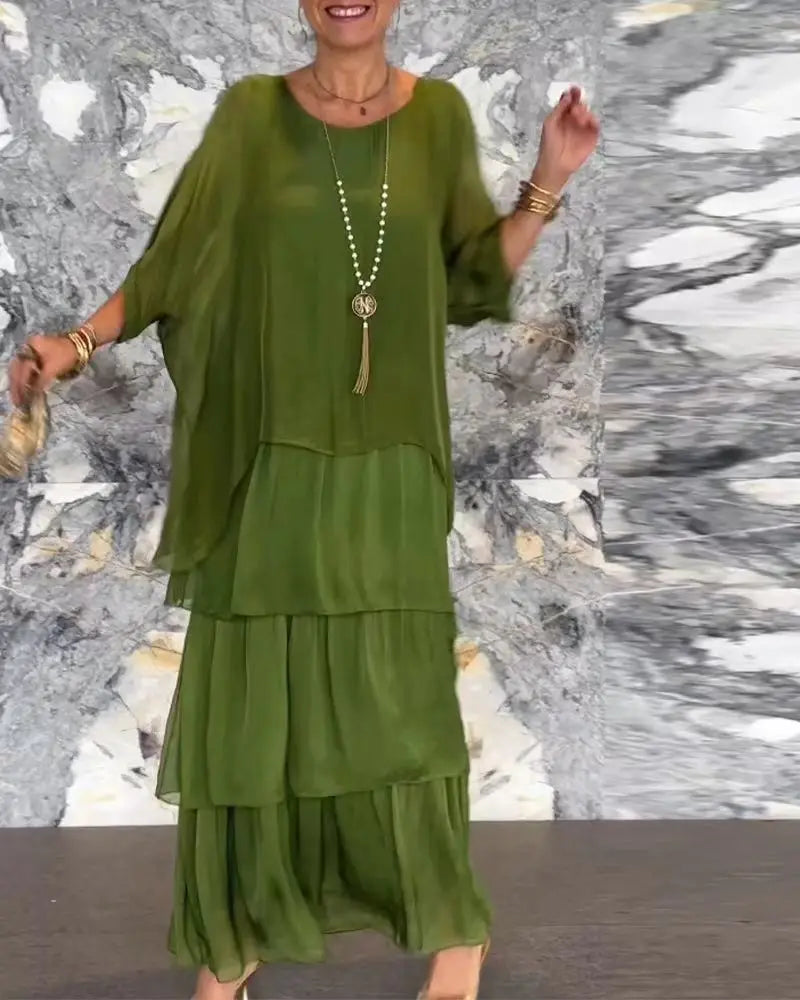 Abiti eleganti da donna in chiffon solido Primavera Autunno O-Collo Abito femminile con volant a strati Mezza manica Torta Abito lungo da vacanza al mare