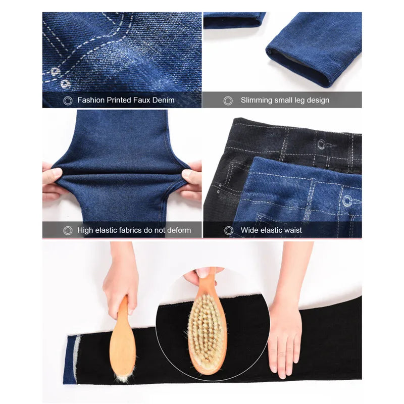 Leggins in finto denim Pantaloni in jeans finti in pile Push Up Elastico a vita alta Leggings da donna Pantaloni sportivi Pantaloni a matita in peluche caldi