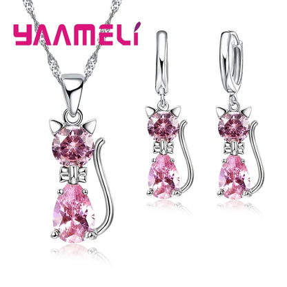 Set di gioielli in vero argento sterling 925 per donna ragazza brillante cristallo austriaco collana con ciondolo gatto carino orecchino Huggie