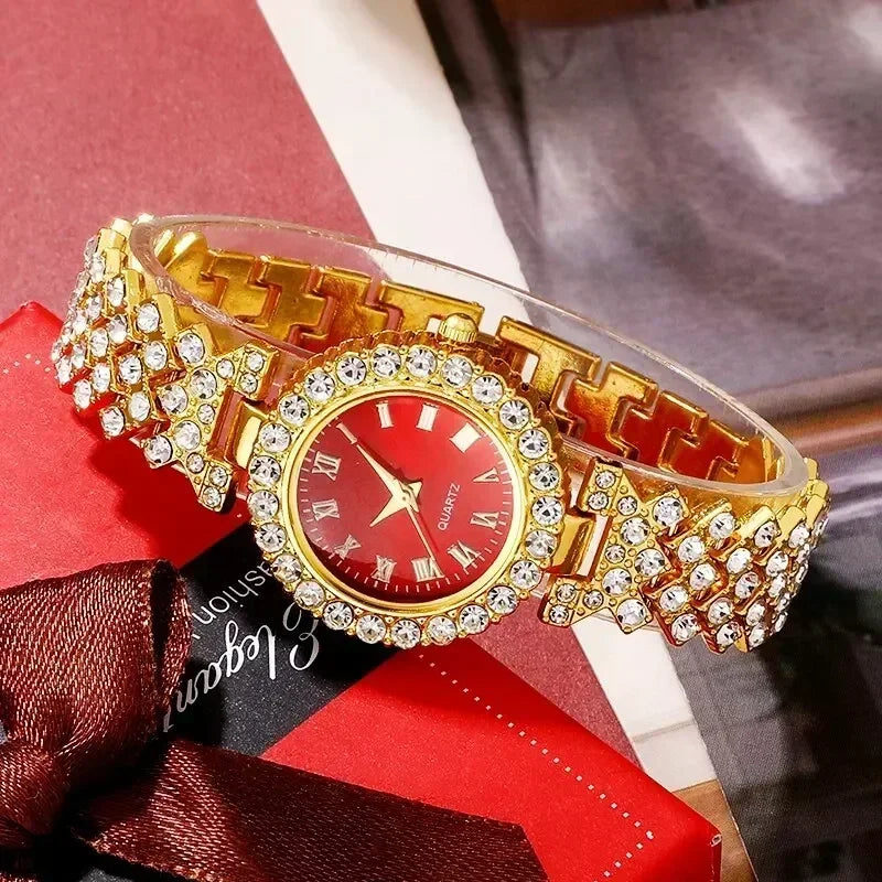 Orologio di lusso dorato da donna anello collana orecchino strass moda orologio da polso Casual da donna bracciale orologi Set di gioielli