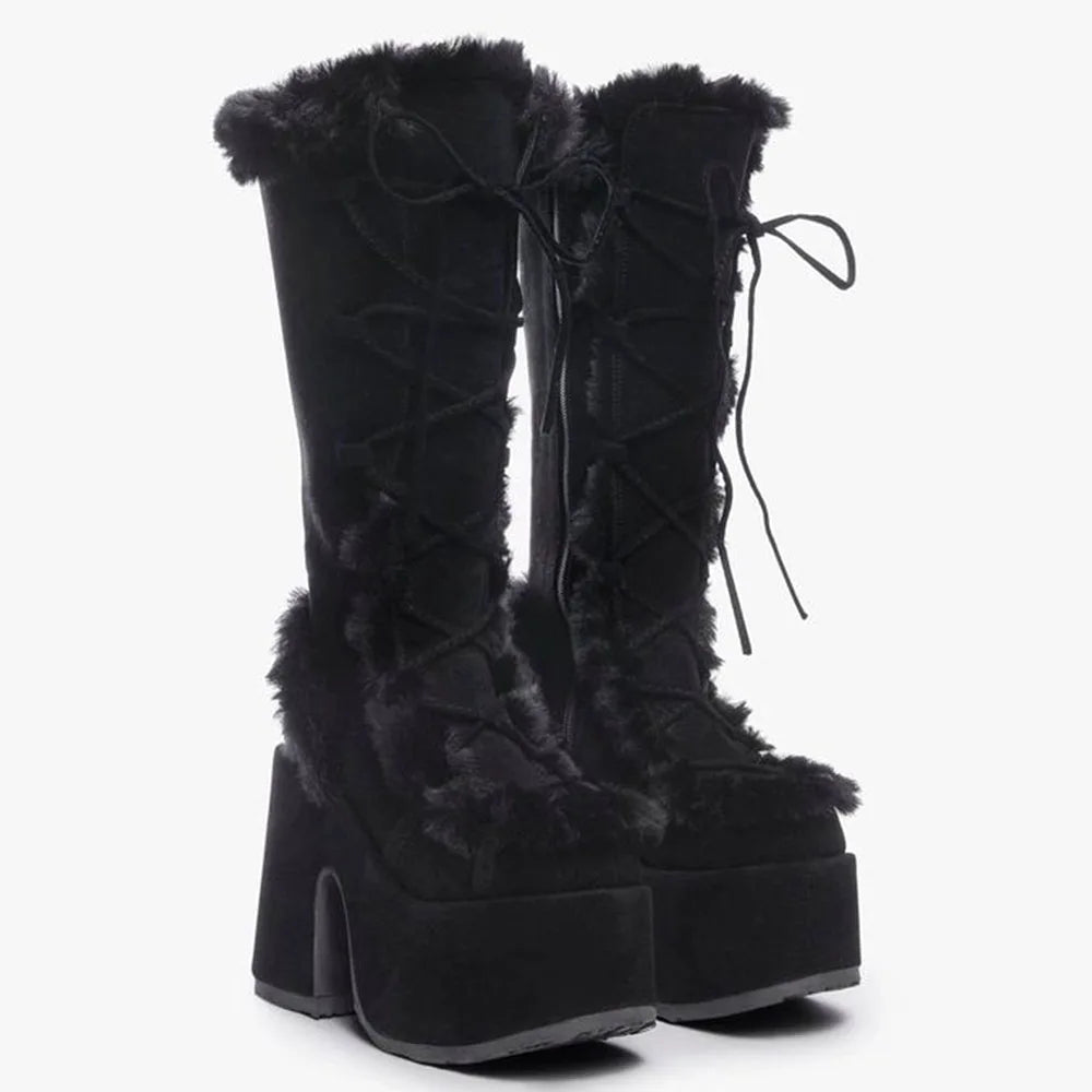 Big Size 46 Winter y2k Pink Knee High Boots Women White Chunky Platform Boots Gothic Black Faux Fur Block High Heels Boots Shoe