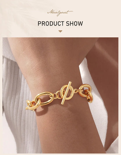 Braccialetti a ginocchiera robusti e audace da donna, bracciale a catena a maglie con fibbia OT in acciaio inossidabile placcato oro senza appannamento