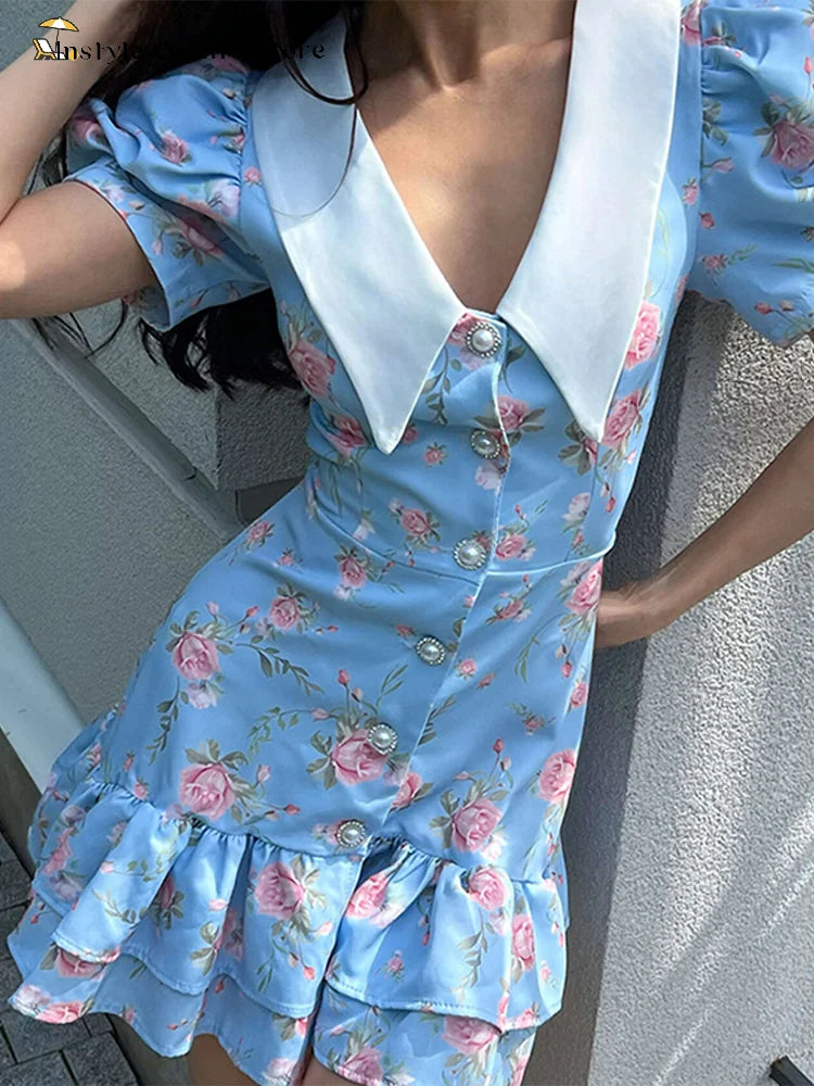 Mini abito con stampa casual Lady Summer Slim bottoni con risvolto Abiti a strati a trapezio Donna Manica corta Abito da vacanza Festa femminile Dolce
