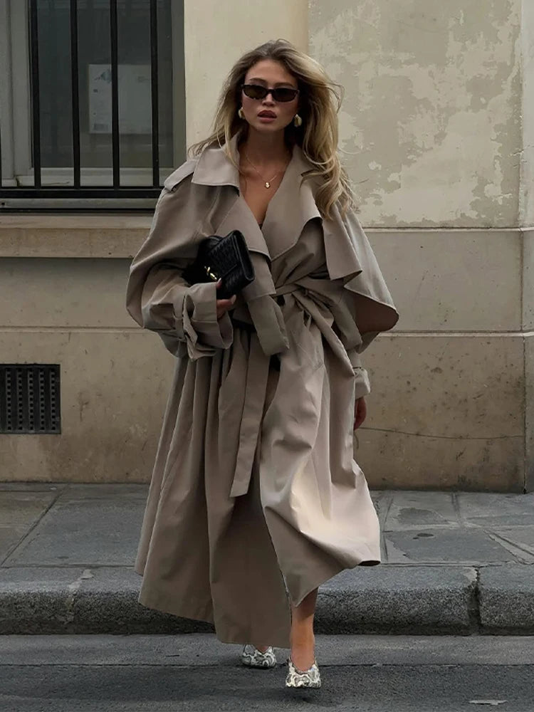 Trench lungo con lacci solido Moda donna Manica intera Risvolto monopetto Capispalla allentato Lady Autunno Cappotto Highstreet quotidiano