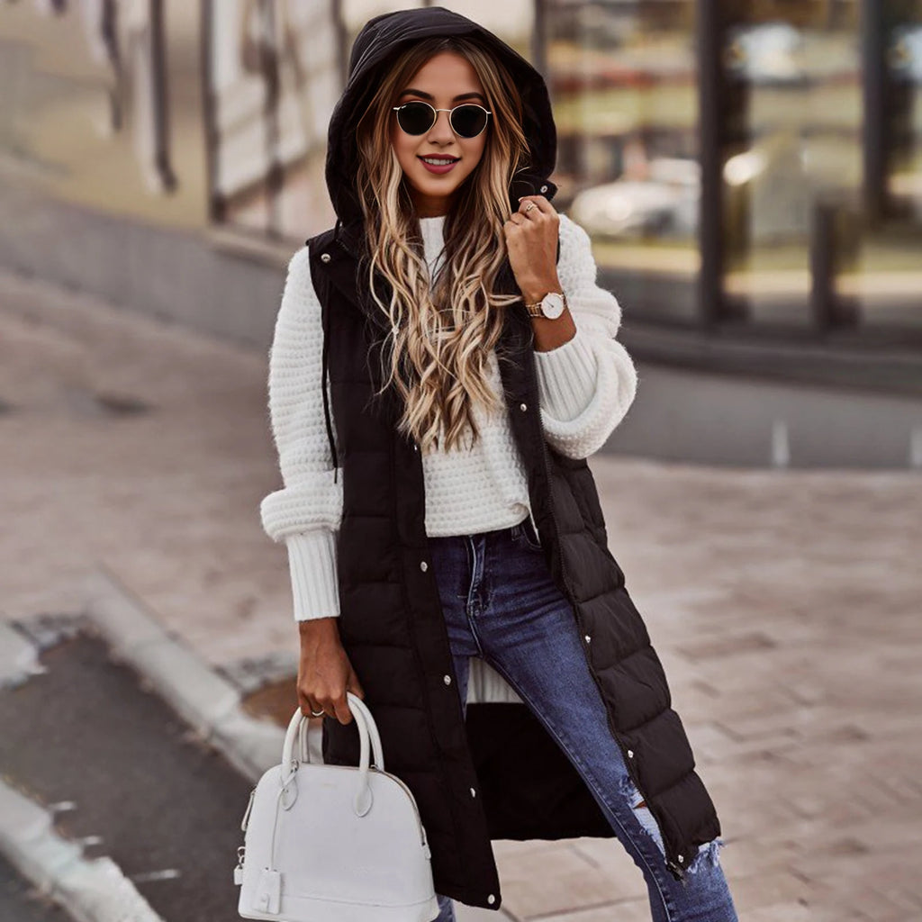 Gilet lungo da donna con cappuccio autunno inverno senza maniche in cotone caldo piumino gilet trapuntato piumino Outwear 2XL