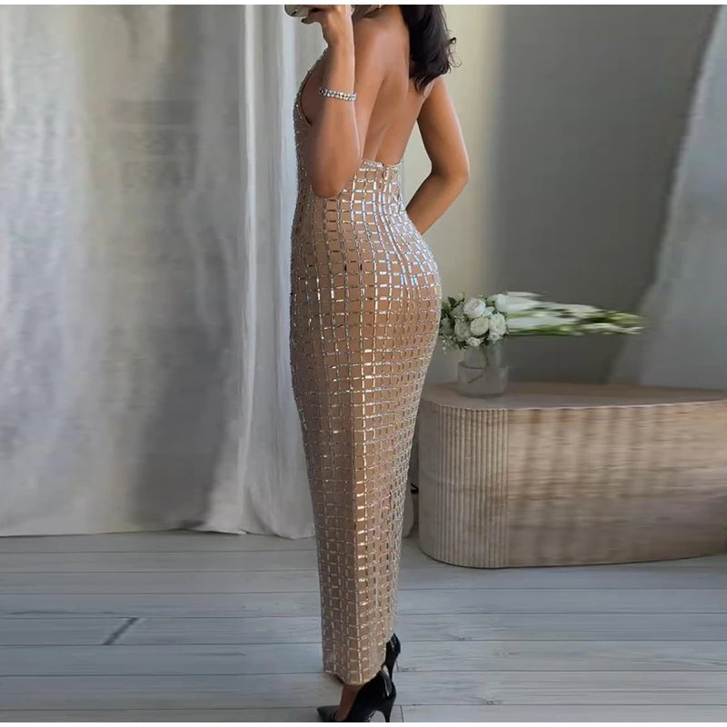 Diamanti di lusso Halter Abito lungo da donna Sexy Slim senza maniche Backless Split Abiti da festa 2026 Primavera Estate Lady Abiti da sera