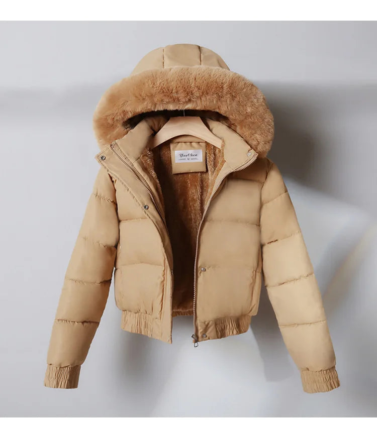Parka corti invernali da donna, abbigliamento imbottito in cotone, capi esterni più spessi con interno in velluto, cappotti con collo in pelliccia e cappuccio removibile, giacche calde.