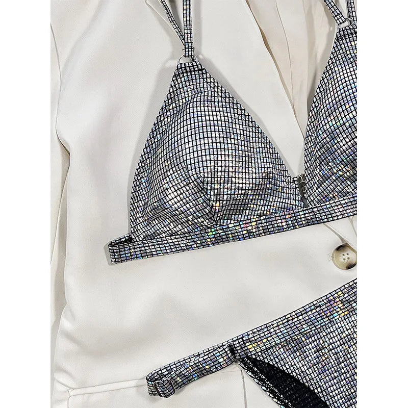 Costume da bagno donna oro glitterato 2026, bikini lucido due pezzi sexy con scollo a V, costume da bagno a vita alta senza schienale XMC185W