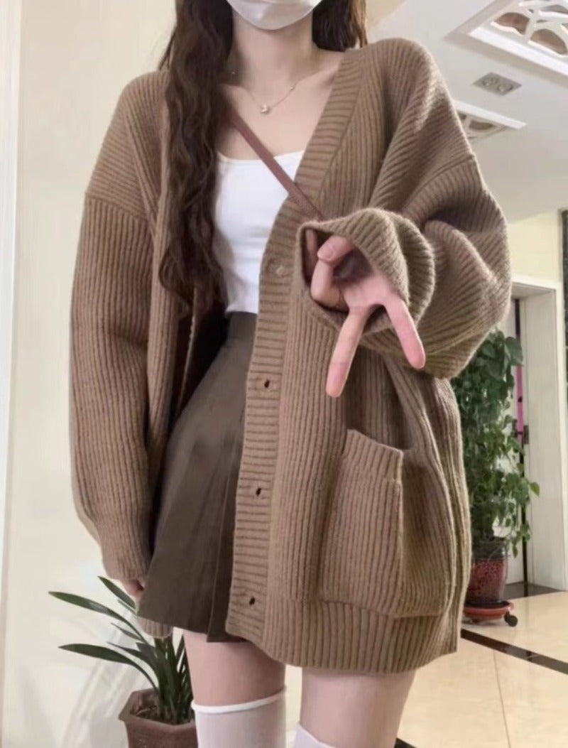 Cardigan maglione donna autunno inverno cappotti moda femminile manica lunga scollo a V giacche lavorate a maglia larghe cardigan maglione casual