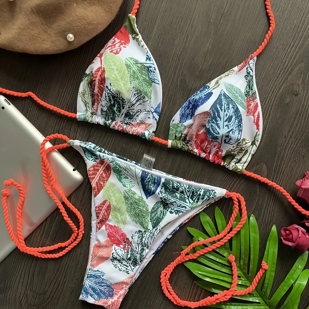Seilgebundener Bikini Damen geteilter Badeanzug sexy 2-teiliges Set mit Dreiecksblattdruck Strandbadeanzug Sommer 2026