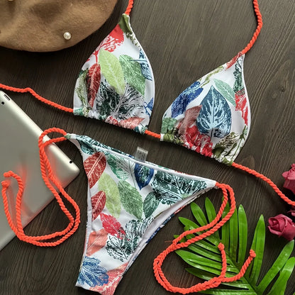 Seilgebundener Bikini Damen geteilter Badeanzug sexy 2-teiliges Set mit Dreiecksblattdruck Strandbadeanzug Sommer 2026