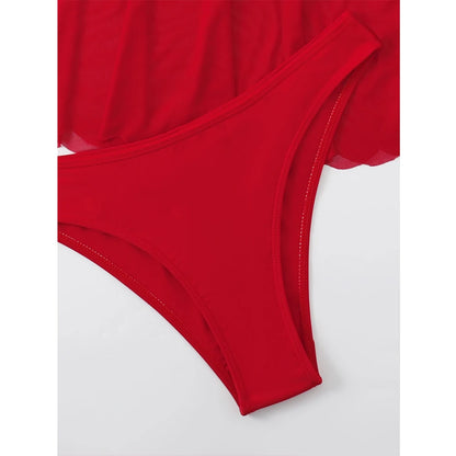 Costume da bagno rosso 2026 da donna, sexy, a vita alta, con gonna, bikini a tre pezzi, con volant, fascia per il petto, per l'estate e la spiaggia
