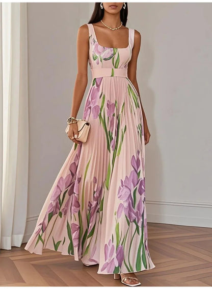 Abito lungo sexy con stampa floreale Donna Estate 2025 Abiti maxi con cinturino senza maniche alla moda eleganti