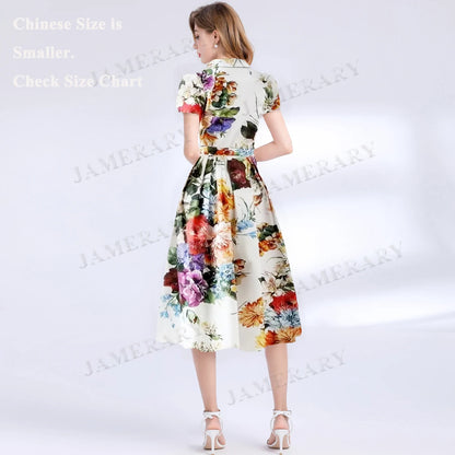 Camicia lunga da donna con stampa floreale estiva da passerella Abiti lunghi a pieghe a maniche corte da donna Abiti da sera eleganti da donna