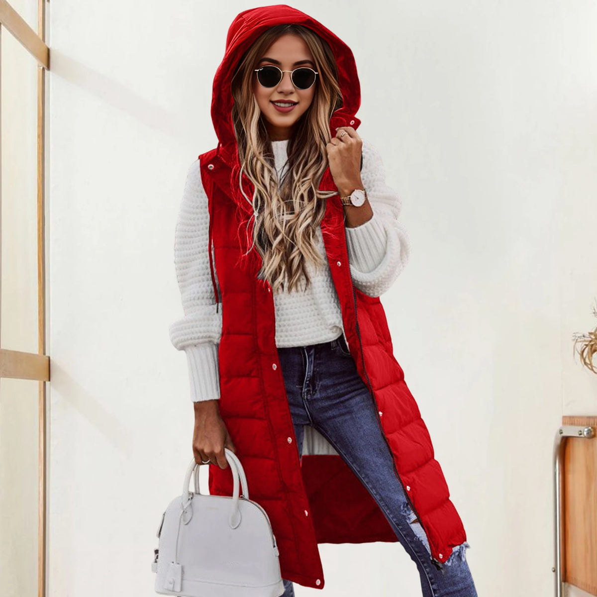 Gilet lungo da donna con cappuccio autunno inverno senza maniche in cotone caldo piumino gilet trapuntato piumino Outwear 2XL